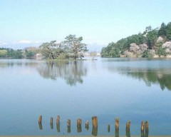 春の南湖。奥にそびえる山は那須連山です。